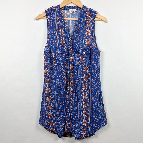 Ember Tops - Ember Button Down Boho Print Tank V-Neck M